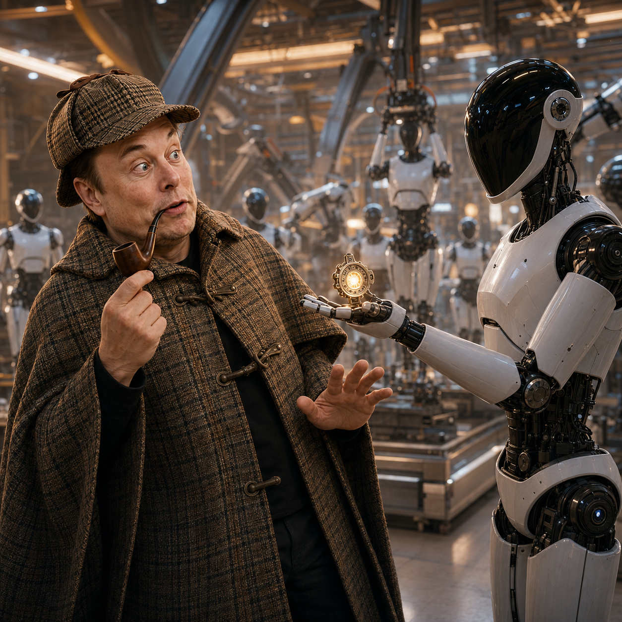 PipeElon interrogating an Optimus robot